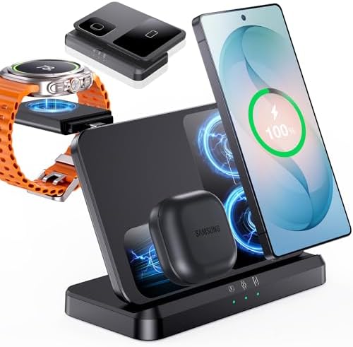 EGV Induktive Ladestation für Samsung – 3-in-1 Wireless Charger kompatibel mit Galaxy S26 Ultra/S25/S24, Z Fold/Flip 7/6, Buds, Abnehmbares Ladegerät für Galaxy Watch Ultra/8/7, Ke