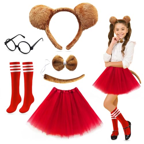 7 PCS Kids Chipmunks Fancy Dress Outfit,Chipmunks Costumes Set with Chipmunk Headbands,Tail,Bow Tie,Glasses,Tutu Skirt,Socks,Chipmunks Costumes for World Book Day Halloween Party Animal Cosplay (Red)