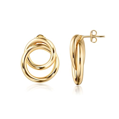 Barzel 18K Gold Plated Double Loop Dangling Earrings, High Polish Finish, Intertwined Design, Made in Brazil