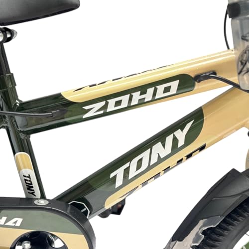 Image of TONY RAW Kids Bicycle 14T inch Sports Cycle for 3 to 5 Years Baby Boys & Girls with Side Training Wheels & Back Rest Seat /Water Bottle Semi-Assembled (Military Green)