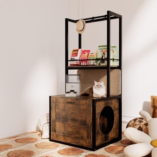55" Refined Litter Box Enclosure with Storage Shelves and 2 Hanging Clothes Rack, 4-in-1 Hidden Cat Litter Box Enclosure Furniture with Shelf, Reversible Entrance,Rustic Brown