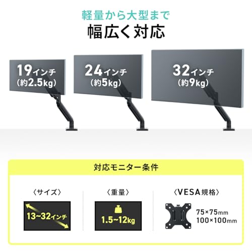 サンワダイレクト モニターアーム 水平垂直3関節アーム 32インチ対応 耐荷重12㎏ ガス圧式 クランプ/グロメット対応 高さ/角度調整 回転 ディスプレイ アーム VESA PC ホワイト 100-LAC003W