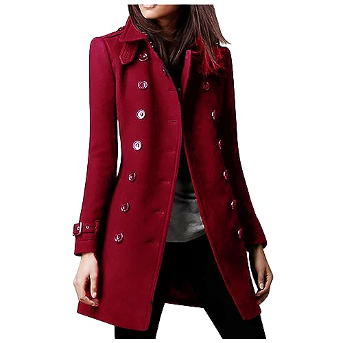 Women’s Double Breasted Wool Coat Long Winter Pea Coat Slim Fit Lapel Trench Jacket Outwear Warm Dressy Overcoat