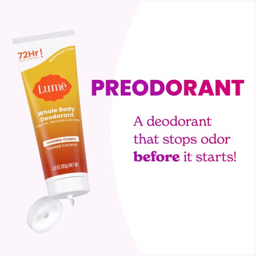 lume whole body deodorant - invisible cream tube - 72 hour odor control - aluminum free baking soda free skin safe - 30 ounce toasted coconut
