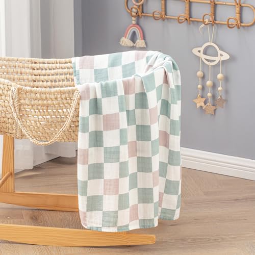 Image of BabyWhale Muslin Swaddle Blanket with Hat and Headband Bow, Checkered Print Swaddle Set for Baby Boys & Girls, Unisex Soft Receiving Blanket Wrap, Green Grey Checkered, 47x47 inches