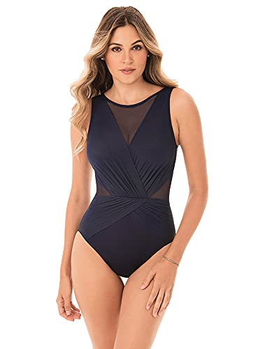 Miraclesuit Women's Swimwear Illusionist Palma Tummy Control High Neckline Soft Cup One Piece Swimsuit, Midnight, 16
