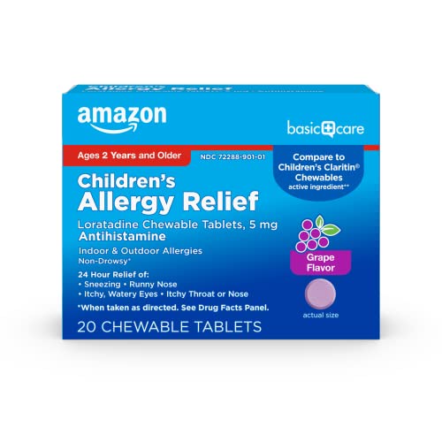 Amazon Basic Care Childrens Allergy Relief Loratadine Chewable Tablets 5 mg Non-Drowsy Antihistamine 24 Hour Medicine for Indoor & Outdoor Allergies Grape Flavored Ages 2+ 20 Count