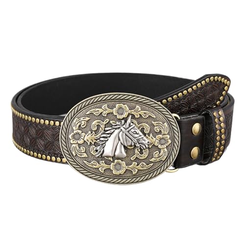 Western Cowboy Belts for Men, Country Belts, Vintage Carved Floral Buckles Belt Embossed Leather Belt for Jeans Pants Rodeo,Brown b,115CM/45.3''