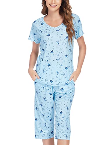 Finejo Women's Pajama Pants Sets Short Sleeve Design Print Top Pjs Sleepwear Loungewear With Pockets L #TOP2