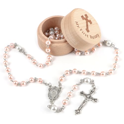 My First Rosary Baptism Gifts Rosary Catholic Keepsake Box for Baby Shower First Communion Christian Beads Gifting Set (Pink)