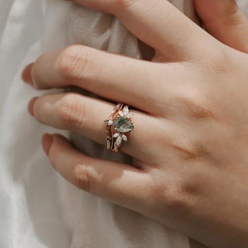 Natural Moss Agate Wedding Ring Set for Women 1CT Moss Agate Bridal Ring Set 925 Sterling Silver 10K 14K 18K Gold Vintage Engagement Ring Set for Wife Bridal with Free Engraving2
