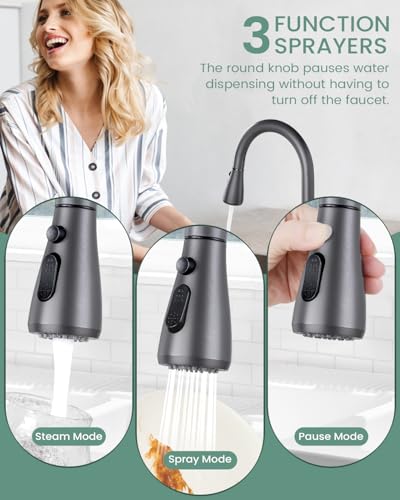 Qomolangma Kitchen Faucet with Pull Down Sprayer, Grey Single Handle Kitchen Faucets, High Arc Stainless Steel Kitchen Sink Faucet 1 or 3 Hole with Deck - for Bar Laundry Rv Farmhouse