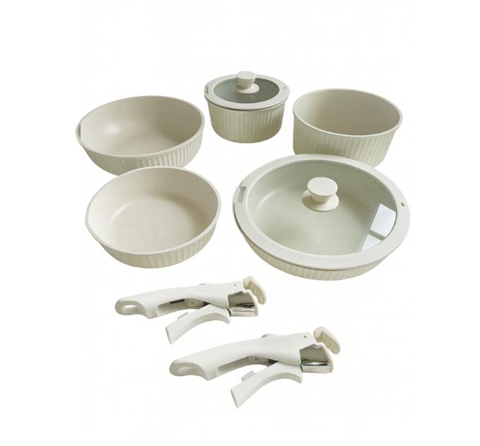 Kit 5 Peças Jogo de Panelas 2 Unid de Cabo Removível Antiaderente Revestido de Cerâmica Fogão e Indução Panelas Empilháveis Uso com e sem Cabo Forno Máquina de Lavar Tampas de Vidro e Silicone