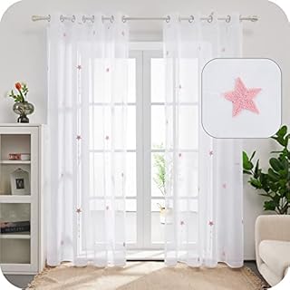 Amazon Brand - Umi Faux Linen Embroidered Shooting Stars Floral Sheer Curtains Home Decorative Voile Curtains Eyelets Net Curtains for Bedroom 55 x 72 Inch Pink One Pair