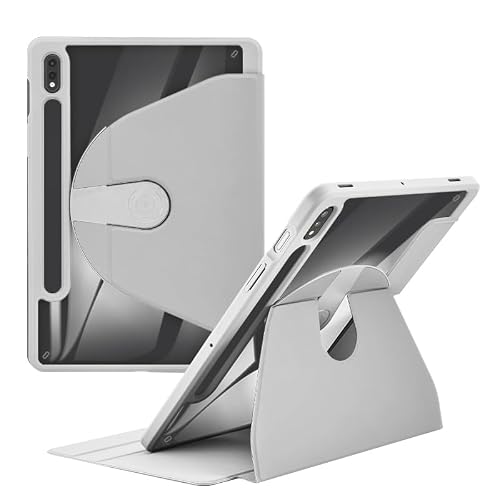 HUOLUNGJIN Rotating Case Compatible with Samsung Galaxy Tab S8 Ultra 14.6-Inch 2022 with Pencil Holder, Shock-Absorbent 360 Degree Rotation Clear Back Cover, Auto Wake/Sleep (Grey)