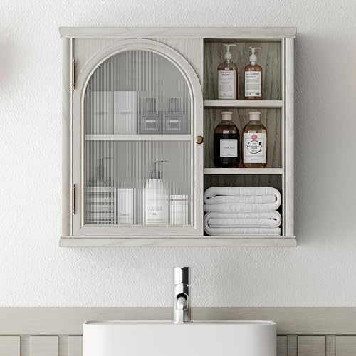 Armario de baño de madera maciza Chogori para montar en pared sobre el inodoro, almacenamiento para medicamentos con estantes ajustables, armario con puerta de acrílico y diseño arqueado cuadrado, 25,6" x 11" x 23,6", gris miniatura 1