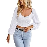 Generic Damen Plaid Schulterfrei Langarm Crop Tops Laternenärmel Blumen Bauchfrei Oberteil Offs houlder Beiläufig Langarmshirts mit Eckigem Ausschnitt (Weiß, M)