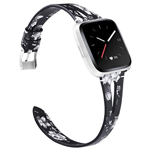 TOYOUTHS Leather Strap Compatible with Fitbit Versa 2/Versa Lite/Versa Bands Women Men Genuine Leather Wristbands with Breathable Hole Replacement for Versa 2 Special Edition, Black/Grey Floral