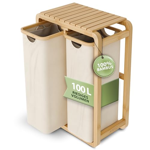 AMBIAVO Wäschekorb 2 Fächer beige, schmal & 100 L Bambus · Wäschesammler mit Ablage · 50 L pro Fach · herausnehmbare, waschbare Wäschesäcke