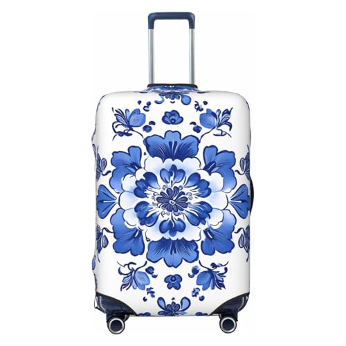 Blue And White Orcelain Floral Elastic Travel Luggage Cover, Washable Spandex Suitcase Protector, Anti-Scratch Fits 18-32 Inch