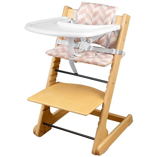 Image of lulunemo Wooden High Chair with Tray–Adjustable & Convertible Highchair for Toddlers,Children&Adults–Includes Safety Harness–Waterproof–Natural Wood(Geometric Pink & White Cushion)