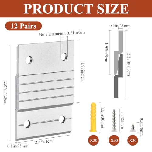 Image of 12 Pairs French Cleat Picture Hanger, 2inch Aluminum French Cleat Hanger Heavy Duty, Z Clips Interlocking Wall Mounting Bracket Hardware Kit Level Tool for Photo Art Frames Mirror Cabinet