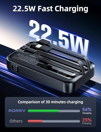 Image of RORRY Portable Charger w /Wall Plug 10000mAh Power Bank 22.5W Battery Pack | Built in Cables, Fast Charging, for iPhone, iPad, Samsung Galaxy, Pixel, LG, Travel Essential, Digital Display, Pocket Size