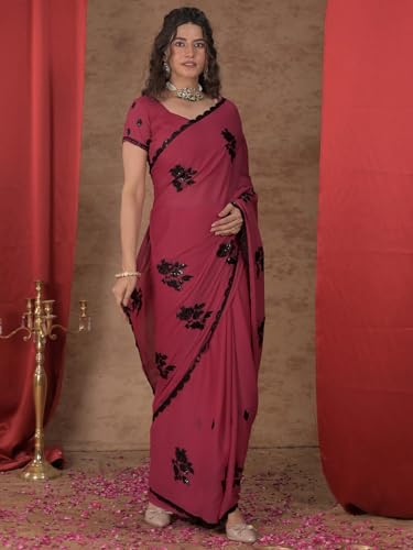 Image of Satrani Women's Shimmer Georgette Sequins Embroidery Saree with Unstitched Blouse Piece