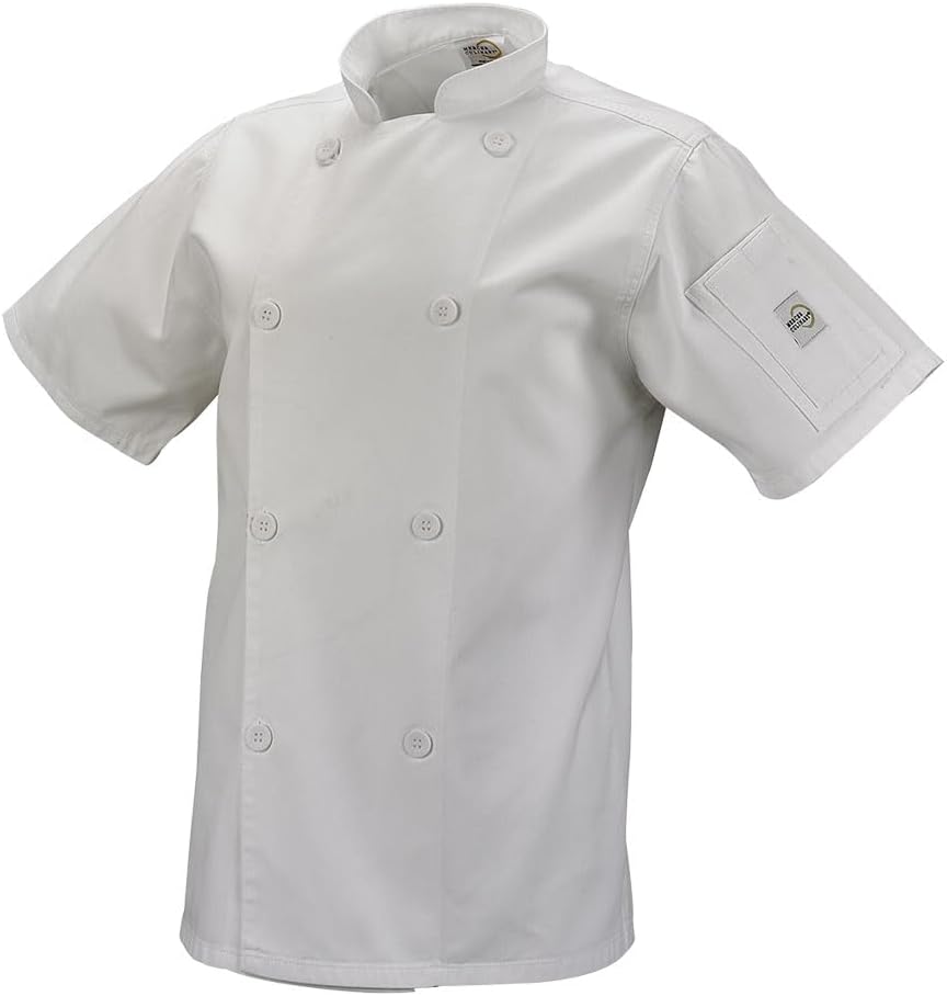 Mercer Culinary M61032BKM Genesis Women's Short Sleeve Chef Jacket with Traditional Buttons, Medium, Black