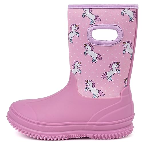 HugRain Girl Kids Rain Boots Toddler Snow Boots Winter Neoprene Warm Rubber Boots Waterproof Shoes Lightweight Child Memory Foam Comfortable no slip pink unicorn size 3