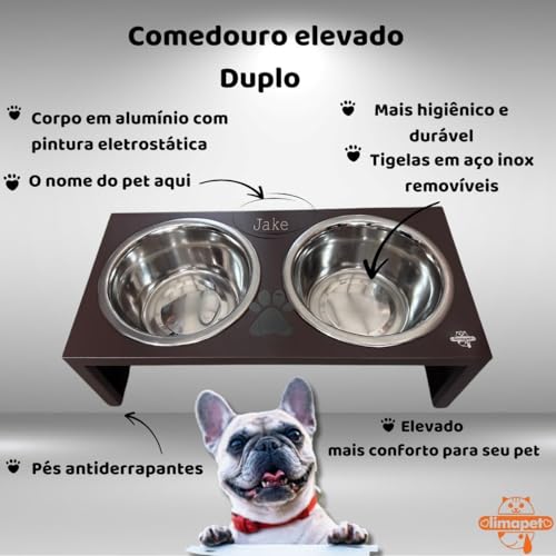 Comedouro Elevado Duplo para Pets Pequenos, Base em Alumínio com Pintura Eletrostática, Tigelas Remo