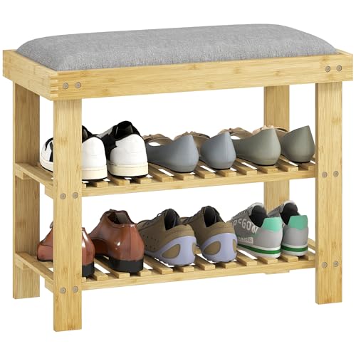 HOMCOM Banc à Chaussures en Bambou, étagère à Chaussures à 3 Niveaux, Style scandinave, Banc de Rangement pour entrée, Salon, Chambre, Charge 150 Kg, 60...