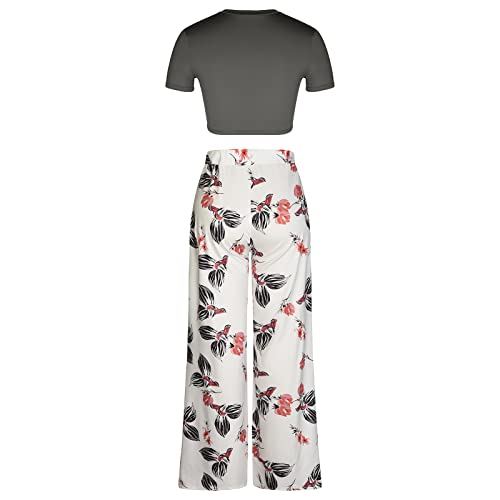 Smlnkofn Two Piece Outfits For Women Summer Casual Short Sleeve O Neck Y2K Crop Tops Floral Print High Waisted Wide Leg Pants #TOP4