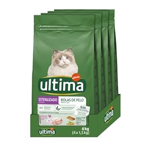 Ultima Esterilizado Bolas de pelo Pavo, Comida seca para gatos, Pack de 4 x 1,5kg, Total 6kg