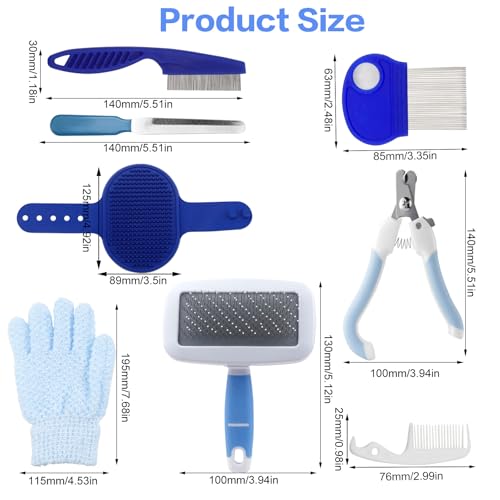 QGGTQG Kaninchen Pflege Set 8 Stück Kleintierpflegeset mit Trimmer Haustier, Nagelknipser, Feile, Haustiermassage, Badhandschuh, Floh Kamm für Katzen, Welpen, Kaninchen, Hamster (Blau)
