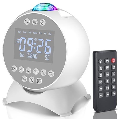 Kids Alarm Clock Star Projector, Galaxy Night Light Projector Kids, Bluetooth Speaker Alarm Clock Bedroom 14 White Noise Sounds 21 Projection Snooze Auto-Off Timer Remote Control, White