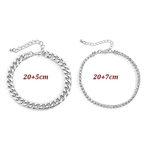 Mifynn Tennis Anklets For Women, Layered Cuban Link Chain Gold Silver Anklets Shiny Rhinestone Anklet Bracelets Adjustable Fashion Jewelry For Girls (Silver) #TOP3