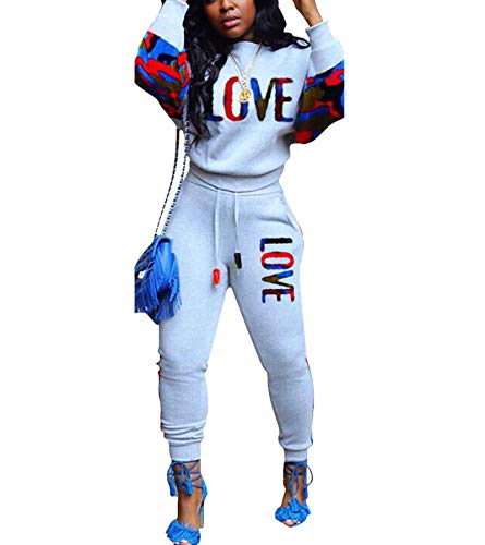 lexiart Women's Letter Print 2 Piece Outfits Camouflage Patchwork Long Sleeve Sweatshirt and Pants Set Sweatsuit Grey M