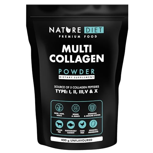 Nature Diet Multi Collagène en poudre sans saveur 400G, Peptides de collagène hydrolysés hautement biodisponibles de Type : I, II, III, V et X, contiens collagen marin Nature Diet Multi Collagène en poudre sans saveur 400G, Peptides de collagène hydrolysés hautement biodisponibles de Type : I, II, III, V et X, contiens collagen marin