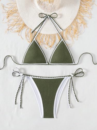 Fanuerg Women's Ribbed Triangle Bikini Sets Whip Stitch Halter 2 Piece Swimsuits Color Block Side Tie Bathing Suit4