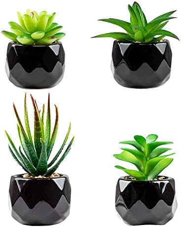 Artificial Plants Indoors in Pots, Fake Plants Outdoor, Mini Black Ceramic Potted, Green Succulents Decor for Bedroom Aesthetic, Faux Desk Plant for Bathroom,Living Room, Office Decoration (Green)