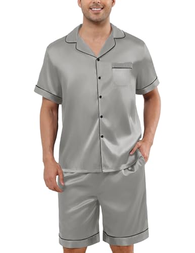 Image of Veseacky Mens Silk Satin Pajamas Set Short Sleeve Sleepwear Button-Down Pjs Sets Two-Pieces Loungewear with Pockets S-XXL