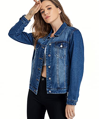 Peiqi Blue Classic Jean Jackets For Women Basic Long Sleeve Button Downs Ripped Denim Jackets M #TOP1