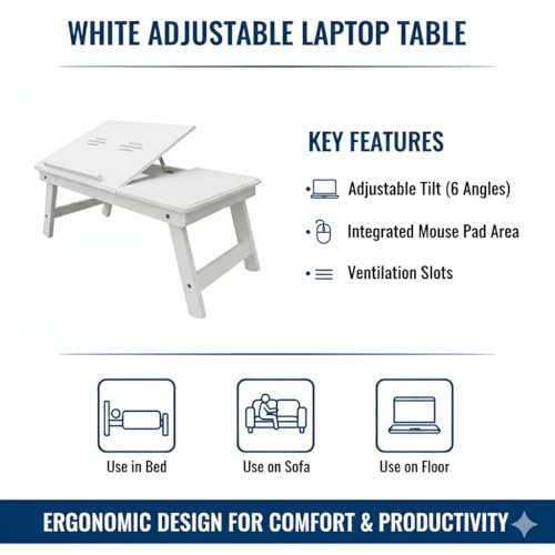Image of Adjustable Foldable Laptop Table with Drawer Adjustable Study Desk for Bed Portable Table for Home Office Work from Bed Wooden Finish (White)