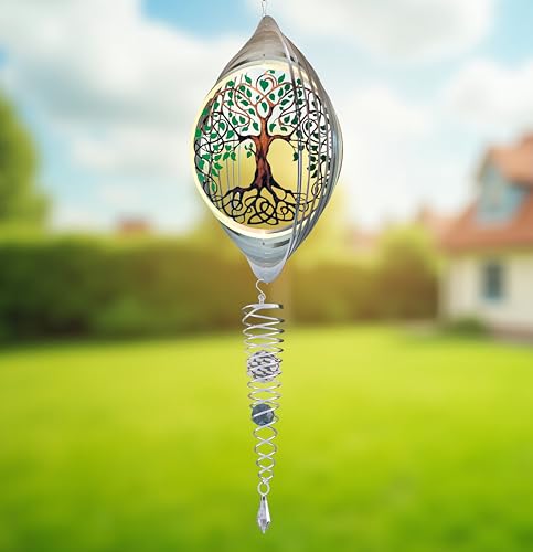 ISEO Tree of Life Wind Spinner for Yard and Garden with Gazing Ball Set, Hanging Outdoor Decor, Yard Art, Porch and Patio Decorations, Metal Wind Spinners Outdoor, Weather Resistant, 6.5”