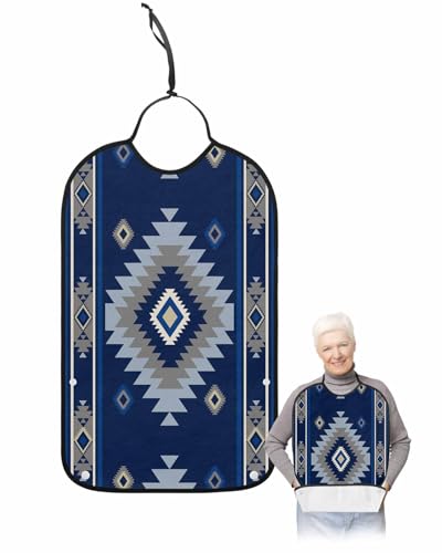 LEOKOTI Blue Boho Adult Bibs for Eating, Waterproof Bibs with Food Catcher & Adjustable Snap Closure, Vintage Ethnic Southwestern Geometric Washable Clothing Protectors Adult Bibs for Elderly