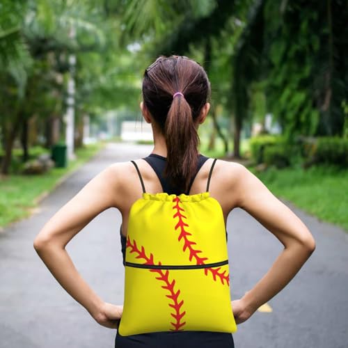 Image of Outdoor Sports Softball Drawstring Backpack, Waterproof Drawstring Bag for Gym Sports Teams Softball Party, Men Women Durable Yellow Sackpack Bag with Front Zipper Pocket and Inside Zipper Pocket