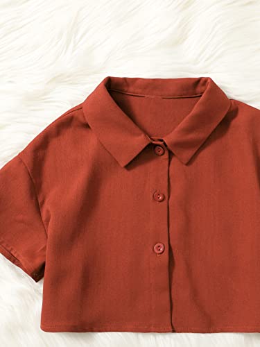 Oyoangle Girl's 2 Piece Outfits Short Sleeve Button Down Shirt Crop Top And Wide Leg Pants Jumpsuit Set Rust Brown 8Y #TOP3