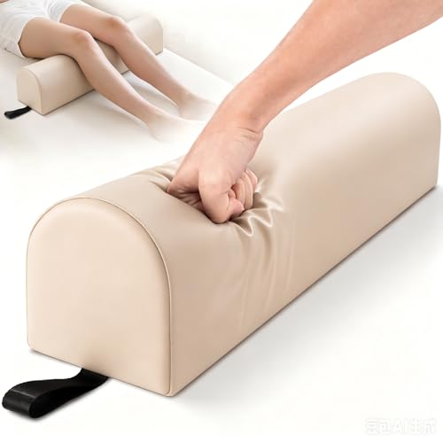 Image of Noverlife 3 /4 Round Knee Bolster for Massage Table, 26x6x6 in Massage Pillow for Legs w /Strap Handle, PU Leather Massage Table Leg Bolster Massage Therapy Bolster Pillow for Back Pain Relief - Beige