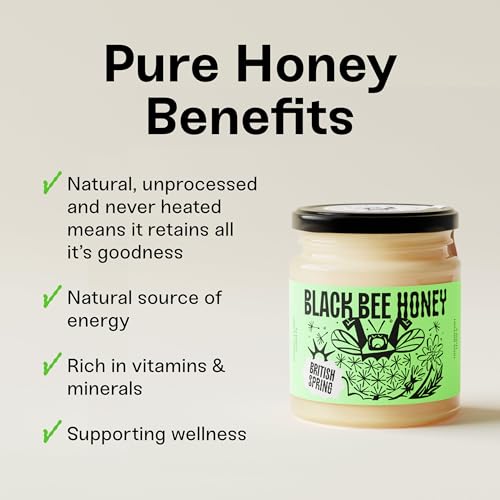 Black Bee Honey - Pure British Spring Soft Set Honey, Creamy and Lightly Sweet, Unprocessed Single Source from Hive to Jar, Never Blended - Delicious on Toast, Soothing in Drinks, 227g Glass Jar